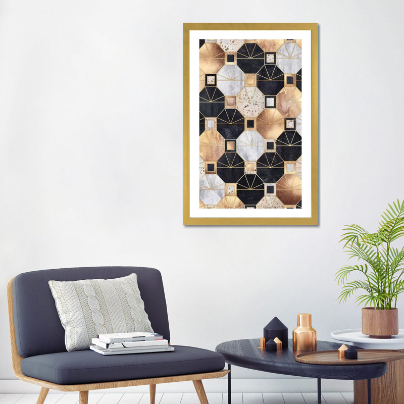 Art déco octogones par Elisabeth Fredriksson-impression d’art graphique, H 32 po x l 24 po x P 1 po, Papier encadré doré