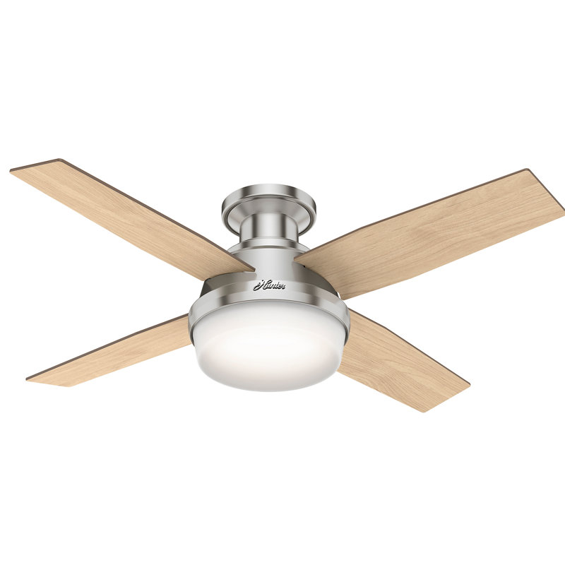 Dempsey Low Profile 44" 4 - Blade Indoor Flush Mount Small Room Ceiling Fan with Lights and Remote, Light Gray/Natural Oak