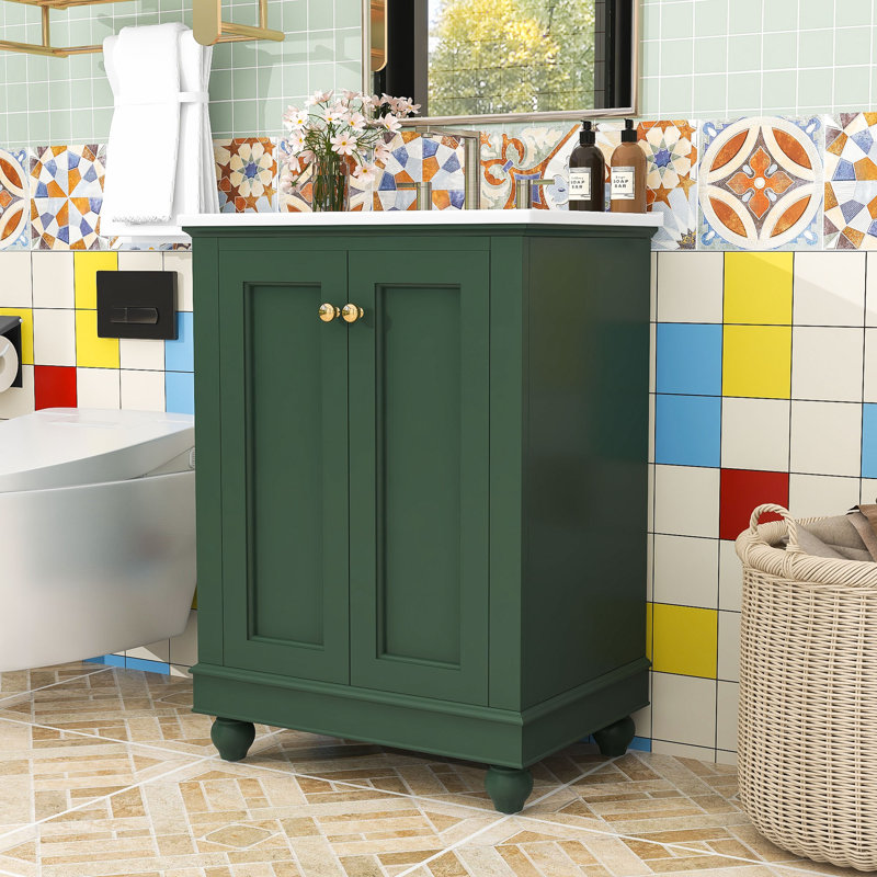 Meuble-lavabo autoportant moderne avec lavabo en céramique, charnières à fermeture douce et tablette réglable, Green