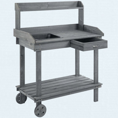 Banc de rempotage en bois 36 po avec lavabo, tiroir, roulettes et tablettes de rangement, gris