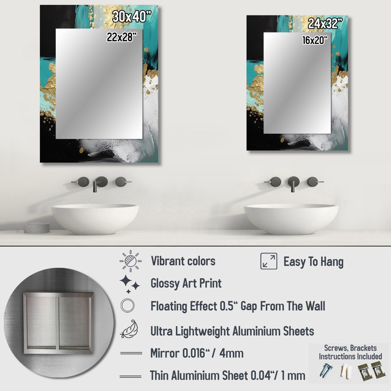 Full Moon Happiness Gold & Turquoise Abstract I - Abstract Painting Large Wall Mirror, Modern Unique Mirror, Printed Metal Art