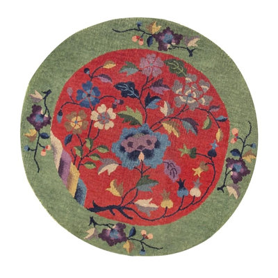 Tapis rond rouge en laine noué à la main Art déco des années 1920