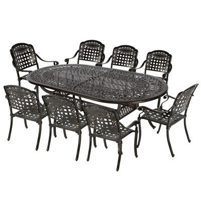 9-Piece Outdoor Furniture Dining Set, All Weather Cast Aluminum Patio Garden Set With 8 Chairs,1 Oval Table, 2.2" Umbrella Hole, Dark Bronze by VIVIJASON