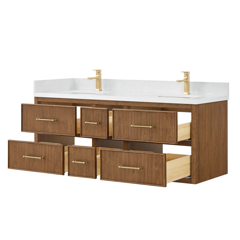 Ensemble de meuble-lavabo mural double 60 po en noyer grillé Isola, Brun/bronze, Quartz Giotto