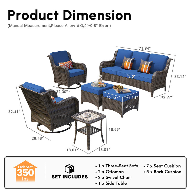 Guillen Wicker/Rattan 5 - Person Seating Group With Swivel chairs and Cushions, Navy Cushion/Brown Frame