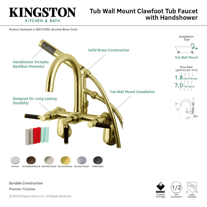 Kingston Brass Kaiser Three-Handle 2-Hole Tub Wall Mount Clawfoot Tub Faucet with Hand Shower, Brushed Nickel