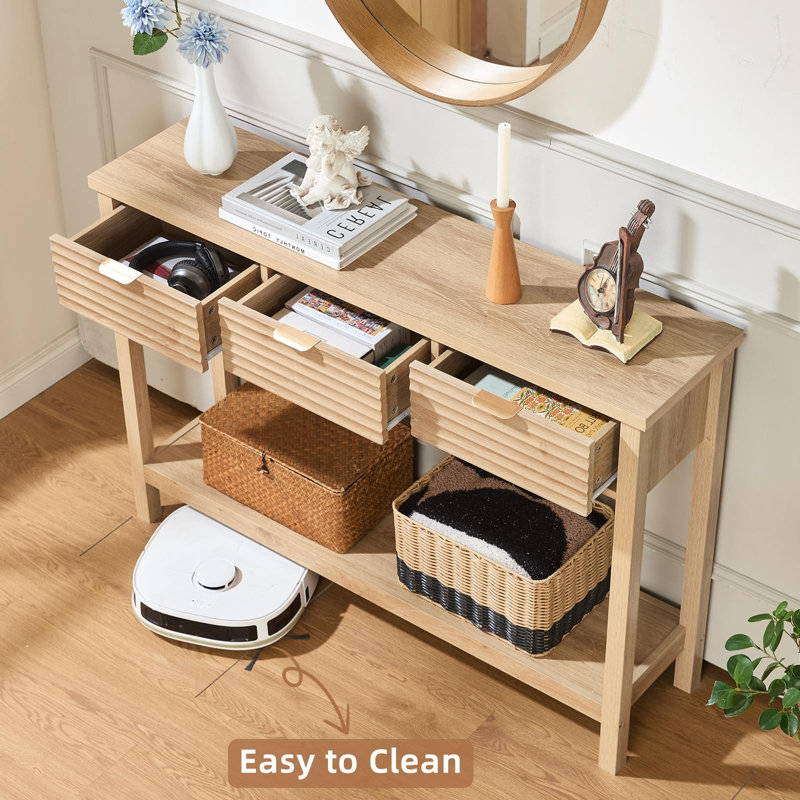 Fluted 47.2" Console Table with 3 Drawers, Modern Wood 2 Tier Entryway Table with Open Storage Shelf, Boho Sofa Entry Tables Behind Couch for Living Room, Hallway, Entrance Foyer (Natural Oak)