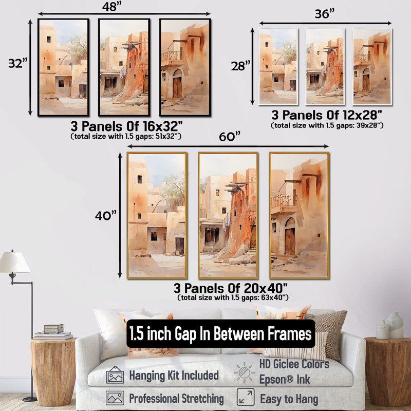 Village urbain, Sables égyptiens I - Art mural égyptien, Cadre flottant brun, H 40 po x l 61 po x P 1 po