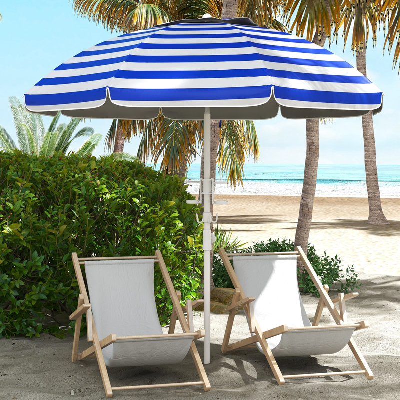 Parasol portatif de 40 ans et plus, système de gestion réglable et inclinable, auvent protégé, 2 crochets pour porte-gobelets, mécanisme de contrôle de la hauteur ventilé à rayures bleues et blanches,