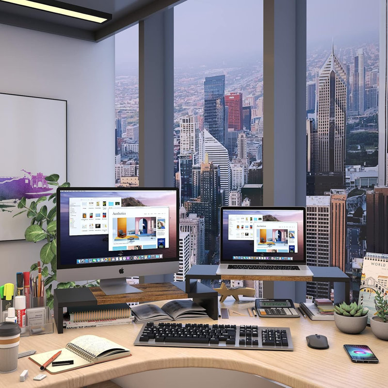 Dual Monitor Stand - Riser 2 Shelf Computer With Adjustable Length And Angle, Stands For Monitors, Desktop Organizer PC, Computer, Laptop