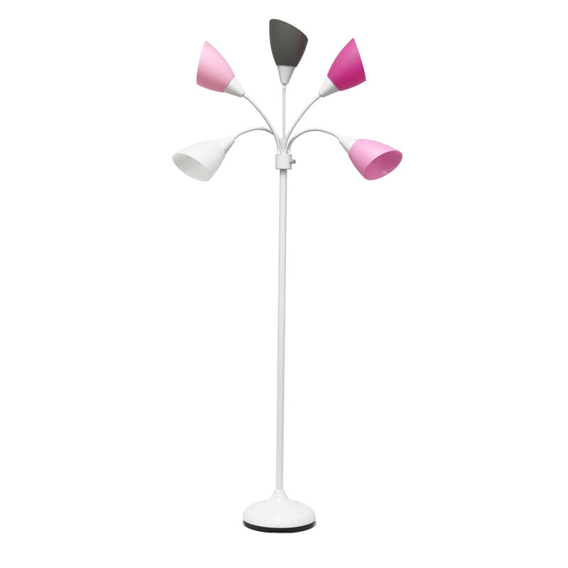Lampe sur pied ajustable à col de cygne 5 lumières Tarbert, blanc, rose, gris fumé, abat-jour blanc, H 67 po