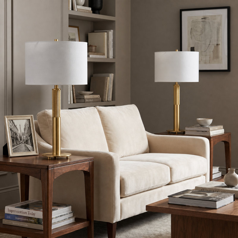 Lampe de table 29,75 "en métal avec abat-jour blanc, Doré