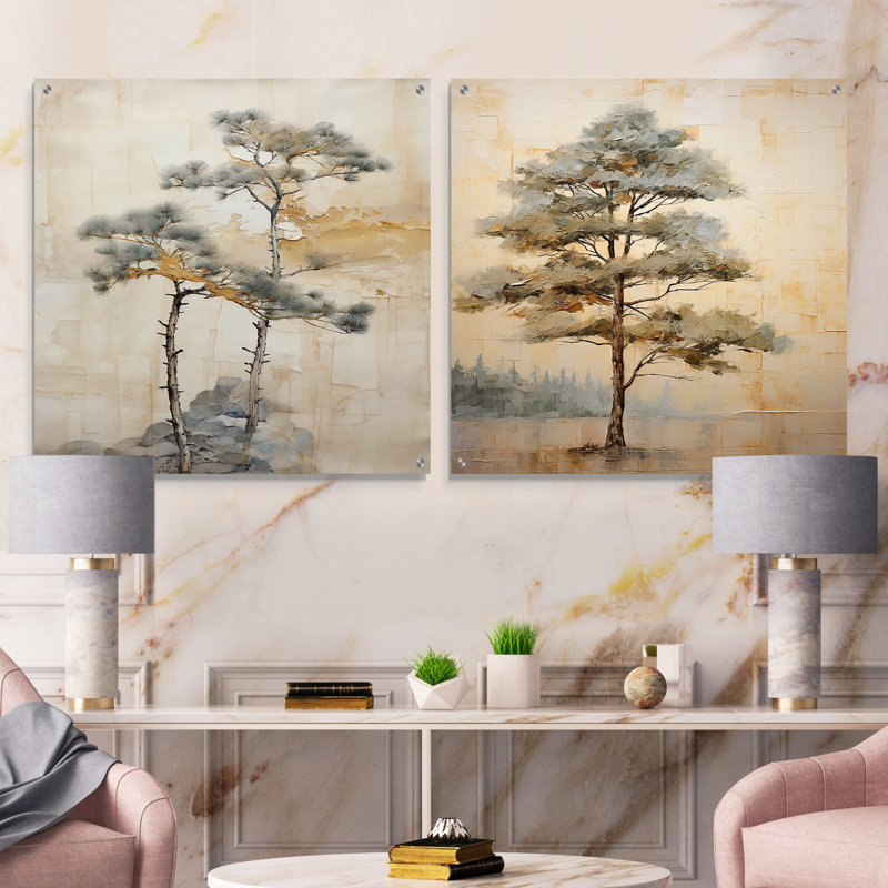Ensemble de 2 verres muraux en acrylique Beige Tree Pine Tranquility III, H 16 po x l 33 po