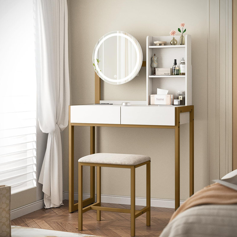 Small Vanity Desk With Mirror And Lights, Makeup Vanity Table With LED Mirror, 3 Lighting Modes, Power Outlet, Drawer, Open Shelves And Cushioned Stool For Bedroom (White And Gold)