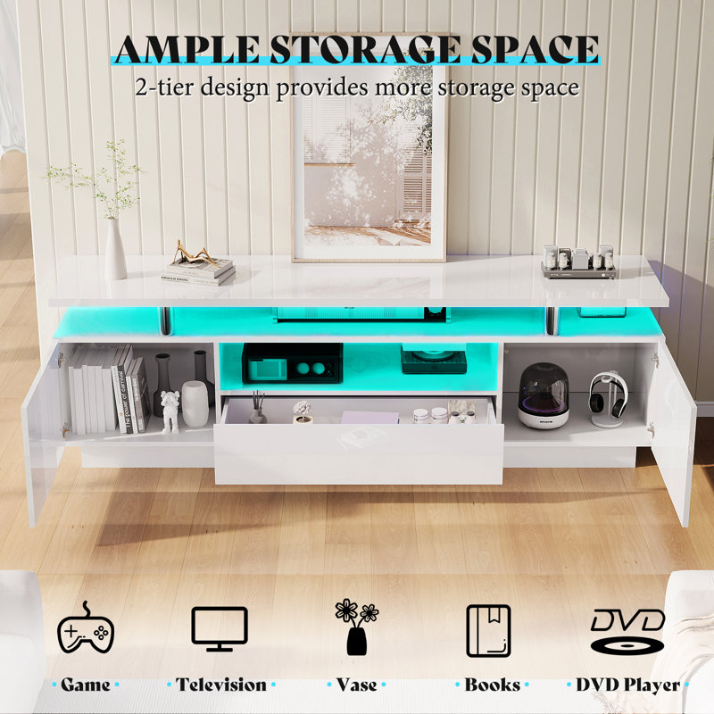 Bhhatu 70" High Gloss 2 Tier TV Stand With LED Light，Storage Cabinet & Open Shelf, White