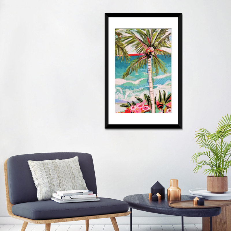 «Palm Tree Whimsy II», impression sur toile, H 24 po x l 16 po x P 1 po, Papier d'art encadré noir, Blanc