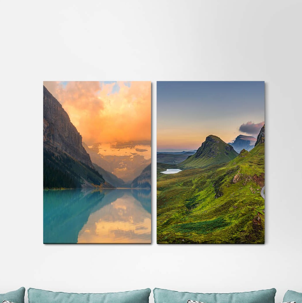 2-tlg. Leinwandbilder-Set - Grafikdruck "Bergsee Berggipfel Schnee Stille Ruhe Natur"