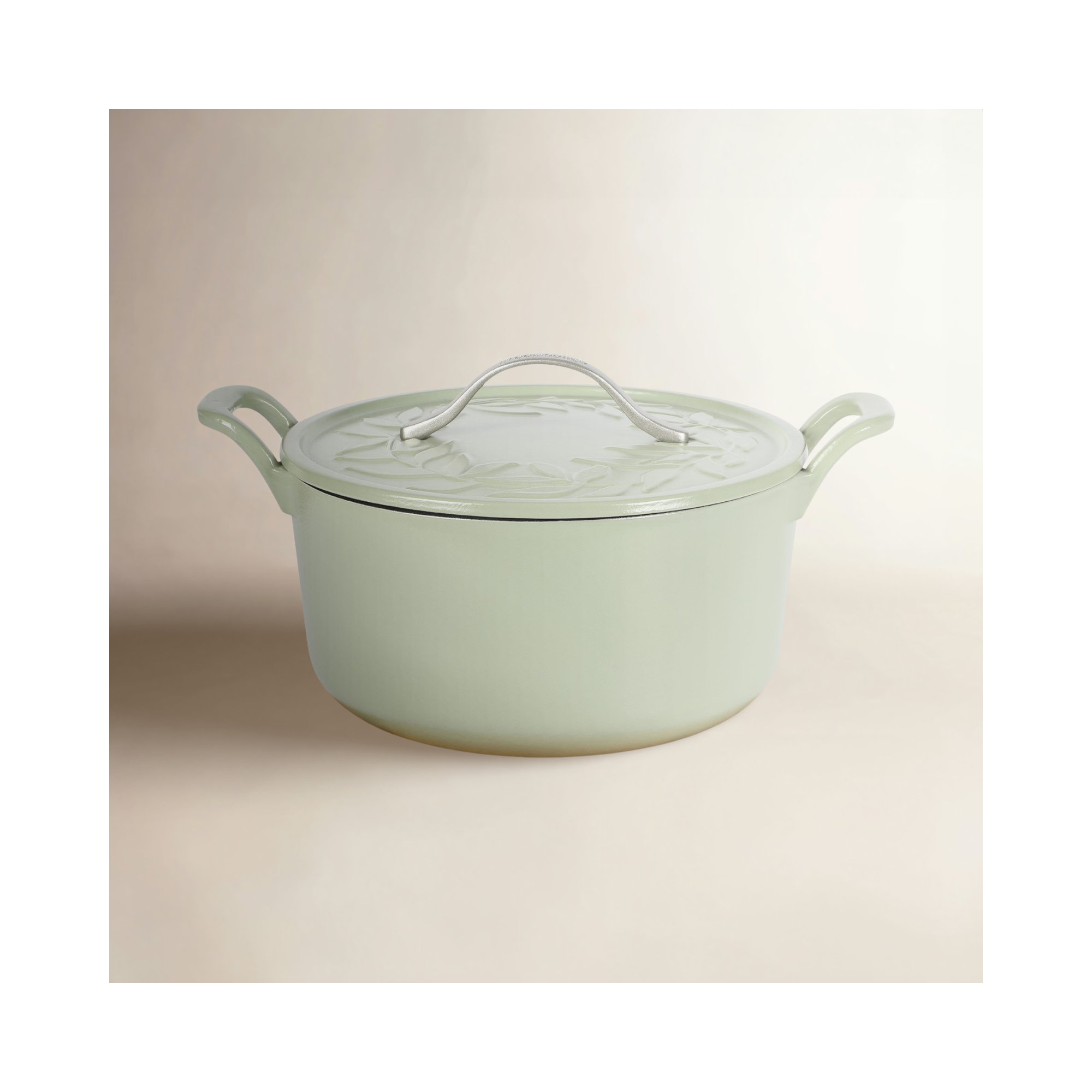 Bloomhouse 7 Qt Cast Iron Dutch Oven w/ Lid, European Enamel, & Walnut Wood Trivet - Oat White, Green