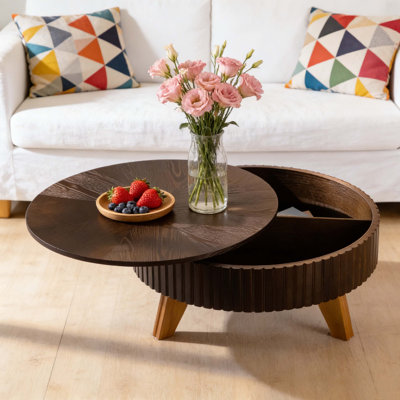 Table basse ronde de 31,5 po avec espace de rangement, convenant au salon et au bureau, brun