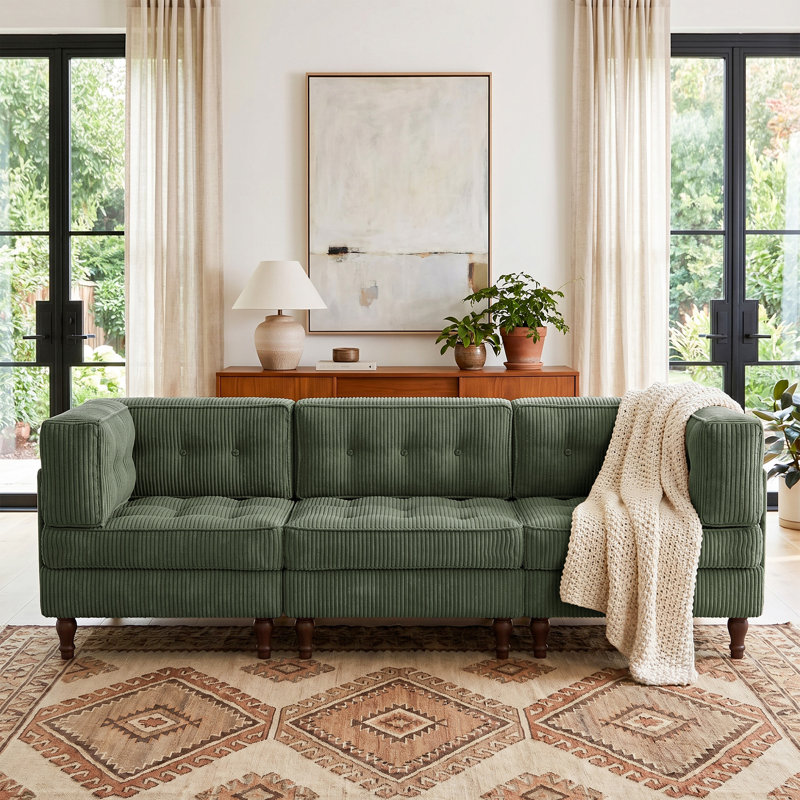 Canapé modulaire en velours côtelé capitonné 3 pièces avec dossier coussiné 3 pièces, H 31,8 po x l 97,9 po x P 32,6 po, Vert