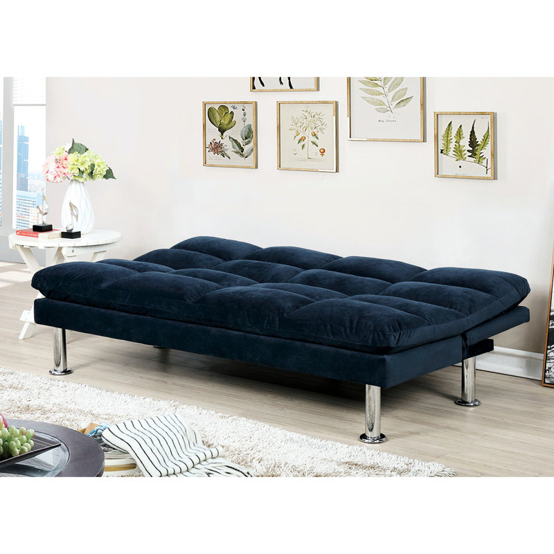 Futon 2 places convertible en lit en microfibre bleu marine contemporain, avec pied de soutien supplémentaire, élégant et adapté aux petits espaces.
