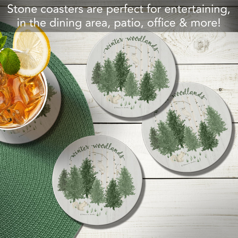 Winter Woodlands Round Absorbent Stone Coasters with Cork Backing