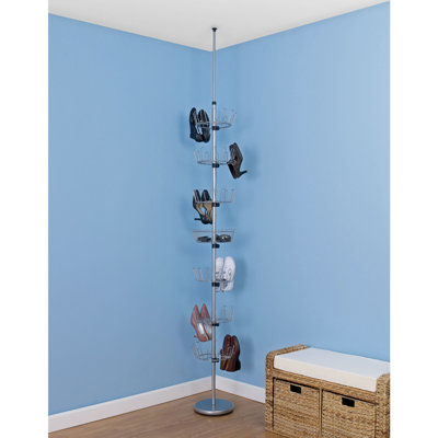 Floor to Ceiling Shoe Tree, Revolving, 6 Shoe Carousels and Accessory Basket, Spring Loaded Tension Rod, Silver