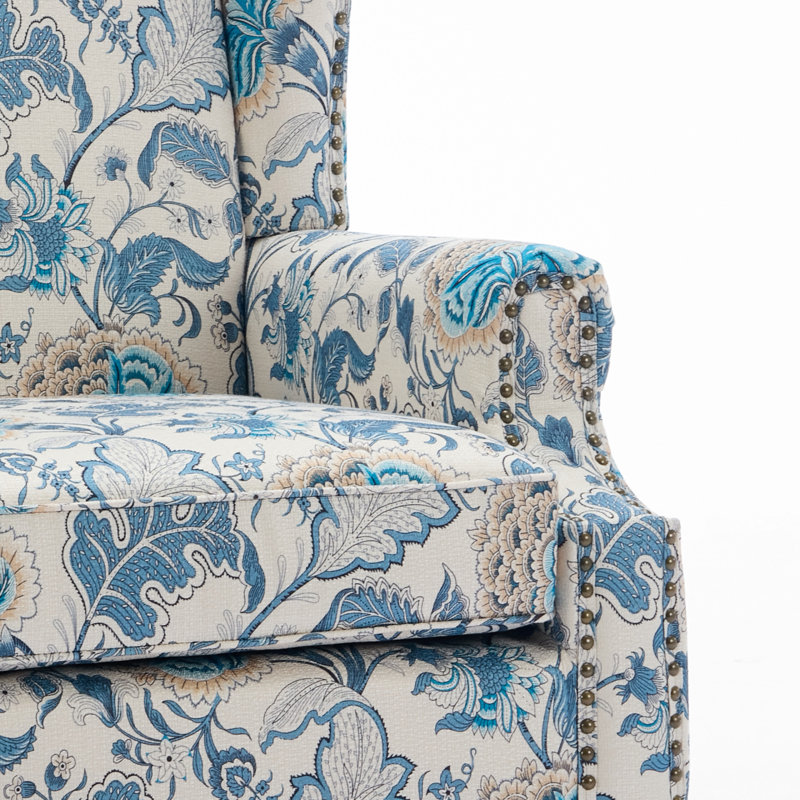 Upholstered Armchair, Boho Blue Polyester/Walnut