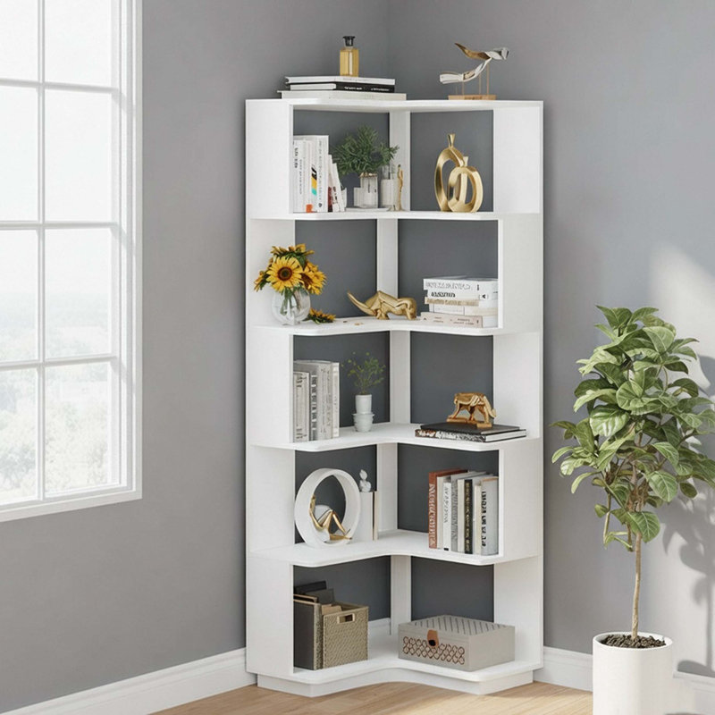 Bibliothèque d'angle à 6 niveaux avec panneau anti-chute, Blanc