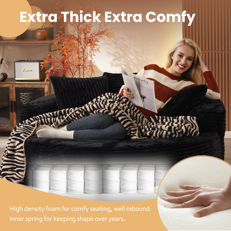 58.28" Wide Oversized Round Chaise Lounge Chair, Cloud Large Circle Chair With Plush Corduroy, Upholstered Modern Soft Big Single Couch, No Assembly Required