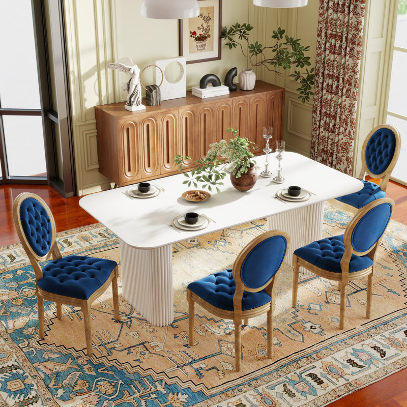 Chaise de salle à manger Mid-Century, Bleu, 5 pièces: table, 4 chaises, Blanc
