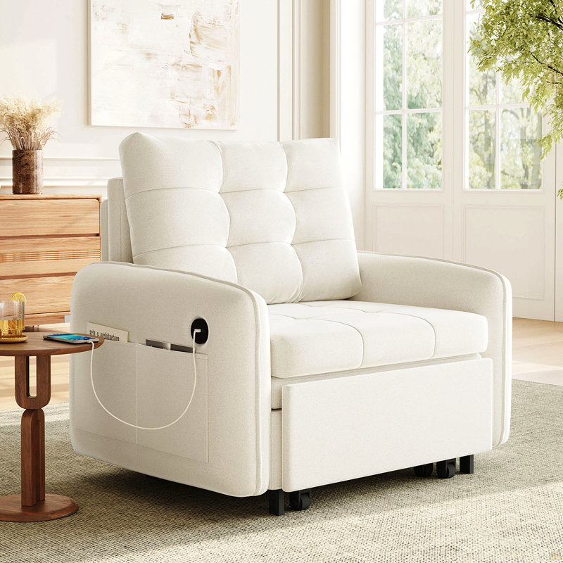 Fauteuil-lit 3 en 1, méridienne extra longue 80 po avec chargement USB, poches de rangement et boîte, Beige