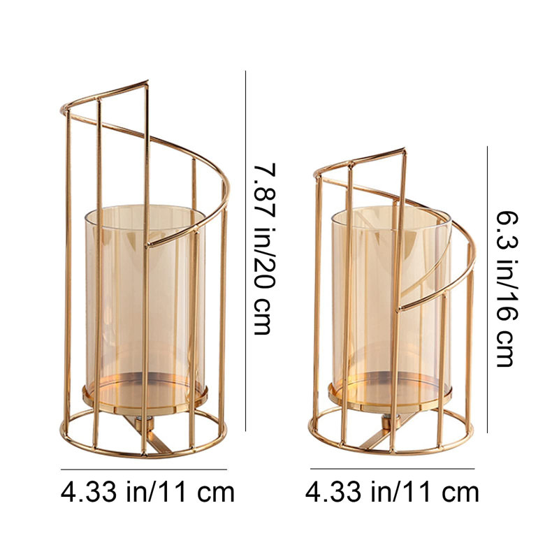 Ensemble de 2 porte-bougies en fil de métal, porte-bougies sur pilier en verre, bougeoirs décoratifs à thé en or pour centre de table