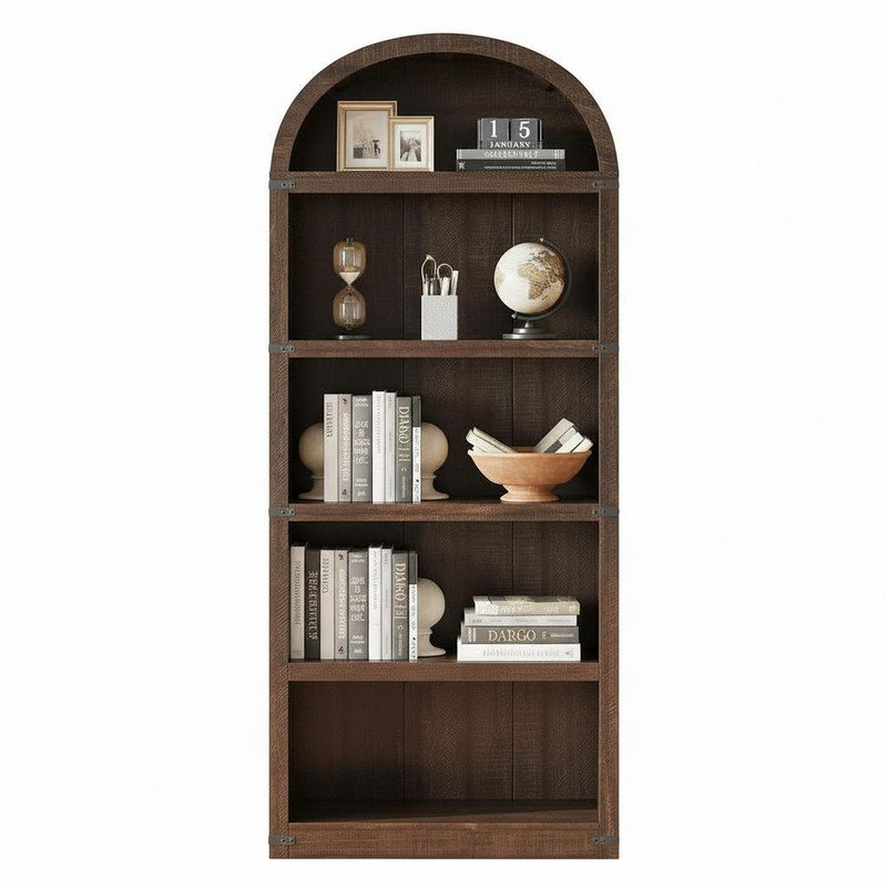 Bibliothèque à 5 tablettes avec bibliothèque arquée de 71,65 pouces de hauteur, Brun
