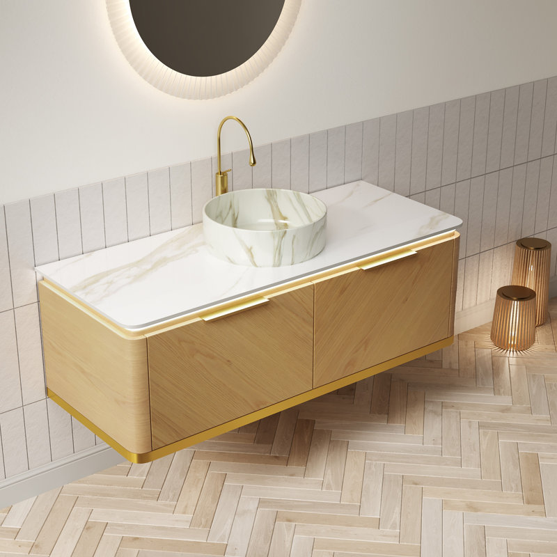 Meuble-lavabo flottant 48 po avec lavabo vasque en marbre rond et plateau en pierre frittée 48 po, armoire en contreplaqué en noyer foncé ou chêne clair, garniture dorée, capteur à DEL, pré-assemblé, tiroir double