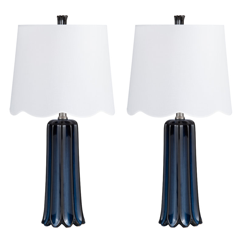 Set Of 2 Light Green Ceramic Table Lamp With Linen Shade, Navy Blue