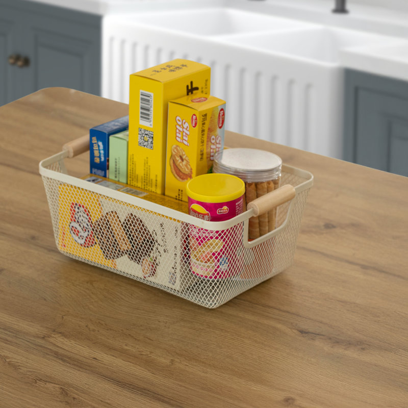  Multipurpose Metal Mesh Basket With Wooden Handle Storage Organizer For Kitchen Pantry Bathroom Cabinet Closet Countertop Fruit Holder Picnic Food And Beverages Carrier And Home Decor, Large