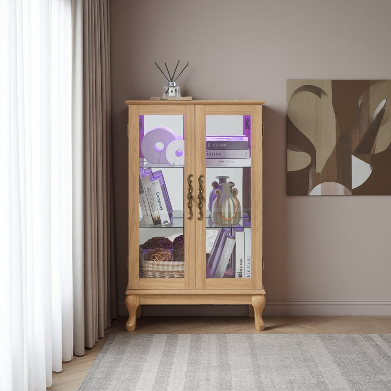 Vitrine avec portes en verre trempé, lumière DEL, panneau arrière en miroir et tablettes réglables - Rangement pour la maison et le bureau