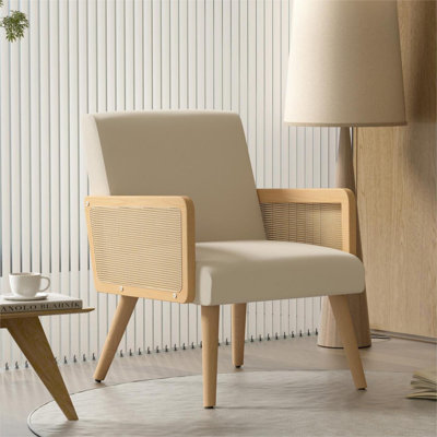 Rattan Accent Chair, Linen Fabric Upholstered Armchair With Wood Legs, Mid Century Modern Reading Comfy Lounge Chair With Spring Support, For Living R -  Hansen, FU01057BE