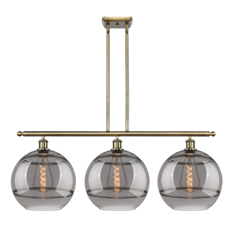 Luminaire suspendu pour îlot de cuisine à 3 lumières Chartoff, Gris fumée clair, Laiton antique