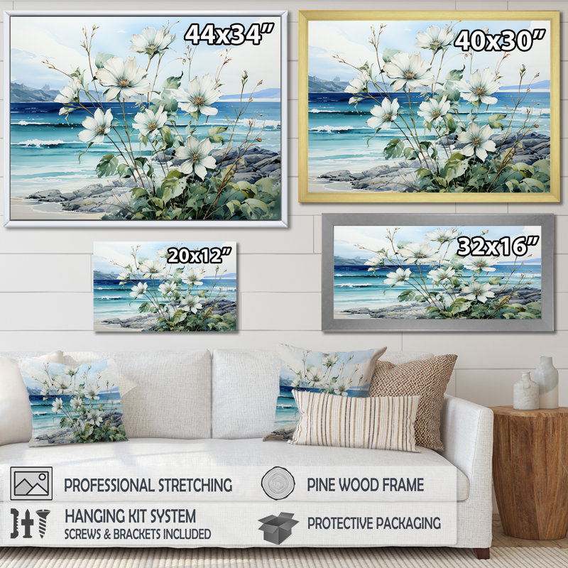 «Flower in Oceanic Calm Beach View II - Coastal Minimalisme», art mural, Toile tendue, H 12 po x l 20 po x P 1 po