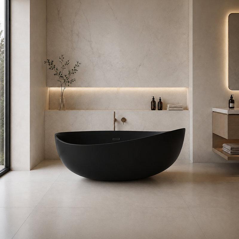Newport  71" x 44" Freestanding Tub Solid Surface Stone Resin Soaking Bathtub - Black, Black
