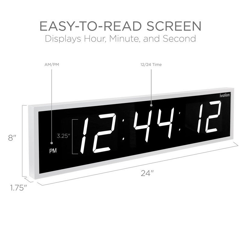 Horloge murale numérique à DEL, Blanc, H 8 po x l 24 po x P 1,75 po