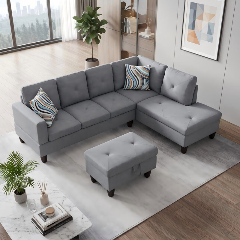 Canapé modulaire rembourré réversible avec repose-pieds, Grey Linen, Right Hand Facing