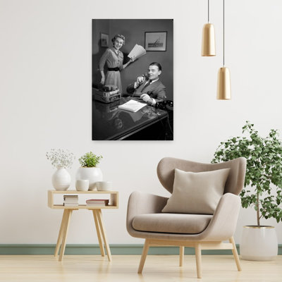 1950S Smiling Woman Secretary Holding Paper Work Watching Business Man Boss At Desk Speaking Into Electronic Dictation Machine Contemporary Wall Art