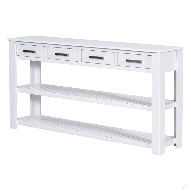 Élégante console avec 4 tiroirs et 2 tablettes, idéale pour les vestibules et les salons., Blanc