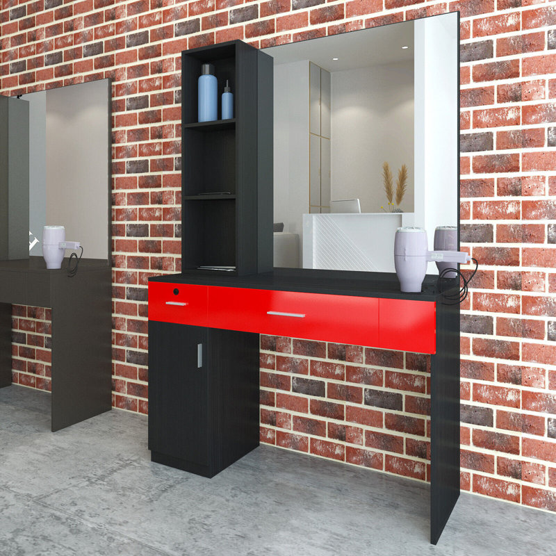Wall Mount Salon Station With Mirror, Makeup Vanity With Storage Shelf, Barber Beauty Spa Salon Equipment Set, Red/Black