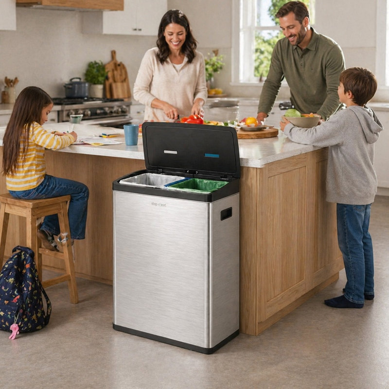 Poubelle de recyclage 16 gallons (60L) à double capteur de mouvement - Acier inoxydable, poubelle de cuisine sans contact avec 2 seaux intérieurs amovibles, résistant aux empreintes digitales, couvercle anti-odeurs