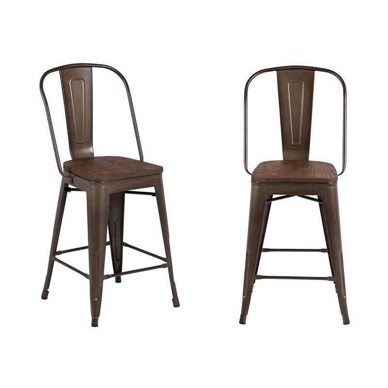 Aemtenan Counter Stool with Metal Frame, Gunmetal Matte Frame And Dark Elm Seat