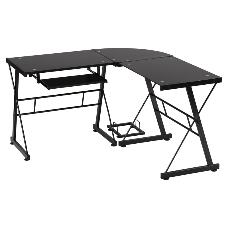 L-Shaped Corner Desk Toughened Glass Gaming Desk Sturdy Metal Frame Computer Desk Modern Executive PC Table with Keyboard Tray and CPU Stand for Home Office Gaming